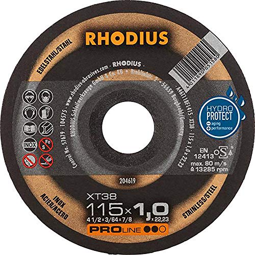 RHODIUS XT38 | 1 Stück Ø 115 mm x 1,0 mm | Trennscheibe Metall | Made in Germany | für Winkelschleifer, INOX, Edelstahl, Stahl von Rhodius