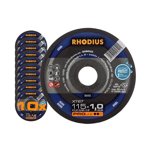 RHODIUS XT67 | 10 Stück Ø 115 mm x 1,0 mm | Trennscheibe Metall | Made in Germany | für Winkelschleifer, Stahl, Eisen, Hartmetall von Rhodius