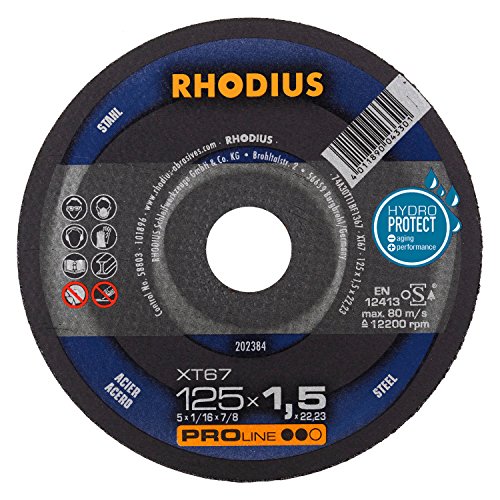 RHODIUS XT67, 10 Stück Ø 125 mm x 1,5 mm - Trennscheibe Metall, Made in Germany, für Winkelschleifer, Stahl, Eisen, Hartmetall von Rhodius