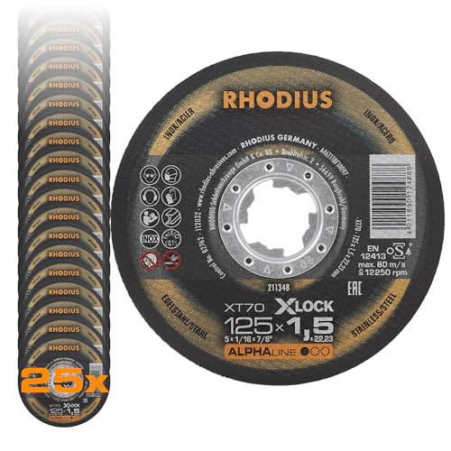 RHODIUS XT70 X-LOCK | 25 Stück Ø 125 mm x 1,5 mm | Trennscheibe Metall | Extra dünn| für Winkelschleifer, Edelstahl, INOX, Stahl, Eisen, Hartmetall von Rhodius