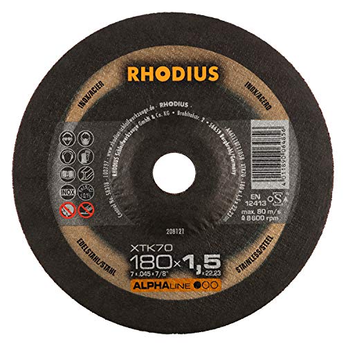 RHODIUS XTK70 | 25 Stück Ø 180 mm x 1,5 mm | Trennscheibe Metall | Extra dünn | für Winkelschleifer, Edelstahl, INOX, Stahl, Eisen, Hartmetall von Rhodius