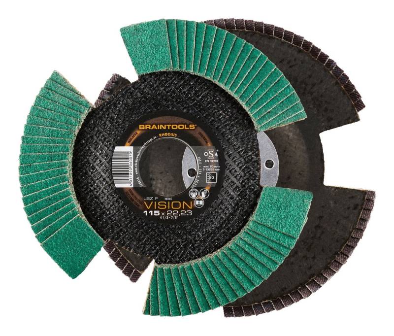 Rhodius Schleifscheibe BRAINTOOLS LS, VISION COOL Lamellenschleifscheibe - 115 x 22,23 mm von Rhodius