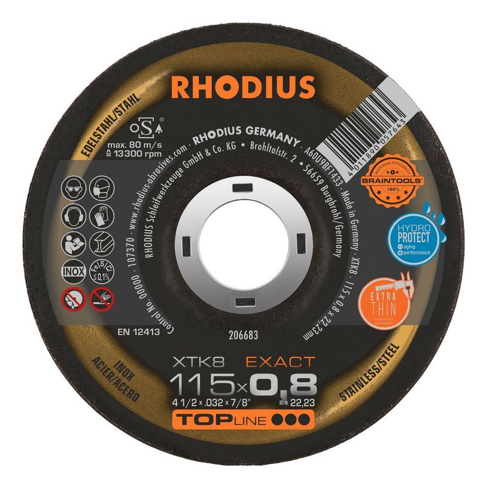 Rhodius Trennscheibe TOPline XTS, Ø 115 mm, TOPline XTK8 EXACT Extradünne - 115 x 0,8 x 22,23 mm von Rhodius