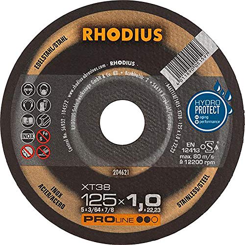 RHODIUS XT38 | 1 Stück Ø 125 mm x 1,0 mm | Trennscheibe Metall | Made in Germany | für Winkelschleifer, INOX, Edelstahl, Stahl von Rhodius