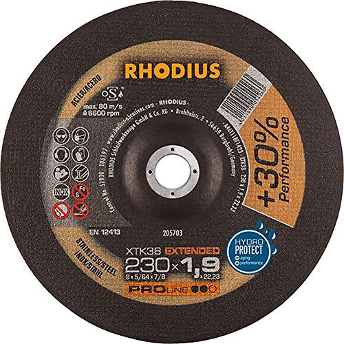 RHODIUS XTK38 | 1 Stück Ø 230 mm x 1,9 mm | Gekröpft | Trennscheibe Metall | Made in Germany | für Winkelschleifer, INOX, Edelstahl, Stahl von Rhodius