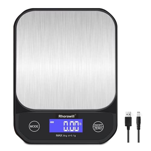 Rhorawill Kaffeewaage, Digitale Küchenwaage USB Aufladen, 5kg/0.1g Hochpräzise Digital Kaffee Skala Digitalwaage Lebensmittelwaage mit Edelstahl Wiegefläche, Abschaltautomatik, LED-Anzeige von Rhorawill