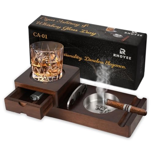 Rhoyee Luxus Zigarren Aschenbecher Set mit Whiskey Glas Tablett Abnehmbare Holz Aschenbecher Zigarren Zubehör für Männer - Indoor und Outdoor von Rhoyee