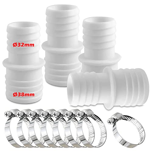 4pcs Schlauchverbinder 32mm auf 38mm Ø Set mit 8 Schlauchschellen-Poolschlauch Adapter-Schlauchadapter-Doppelschlauchtülle(Weiß) von Rhsemi