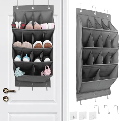 Rhyhome Schuhorganizer Hängend, Schuhaufbewahrung Tür mit 14 tiefen Taschen, Schuhregal Tür Hängend mit 3 Metallhaken und 3 Haken Selbstklebend für Schuhe, Wohnaccessoires (Grau 14 Raster) von Rhyhome