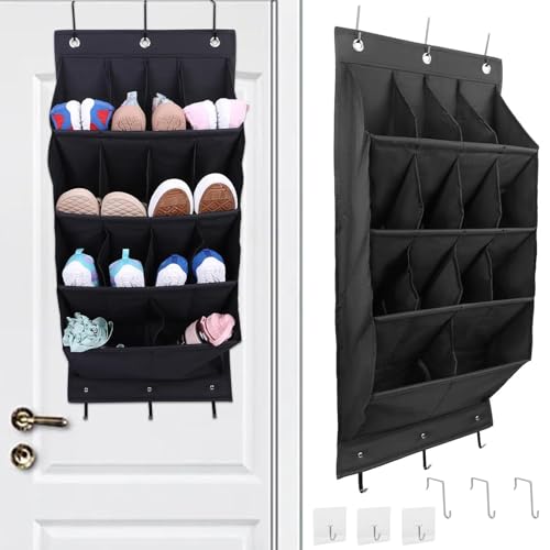 Rhyhome Schuhorganizer Hängend, Schuhaufbewahrung Tür mit 14 tiefen Taschen, Schuhregal Tür Hängend mit 3 Metallhaken und 3 Haken Selbstklebend für Schuhe, Wohnaccessoires (Schwarz 14 Raster) von Rhyhome