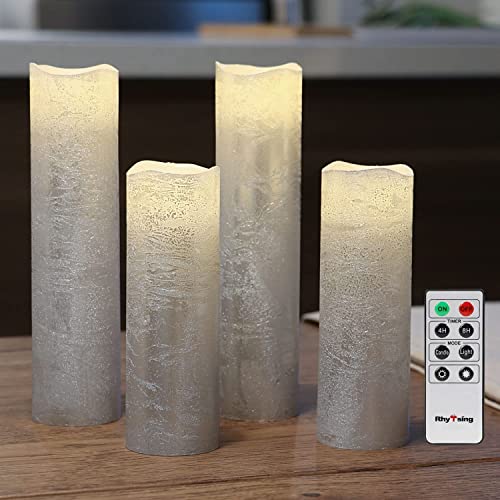 Rhytsing 4 flammenlose LED Wachskerzen Silber Rustik-Design mit Fernbedienung und Timerfunktion, inkl. Batterien - D 5 cm von Rhytsing