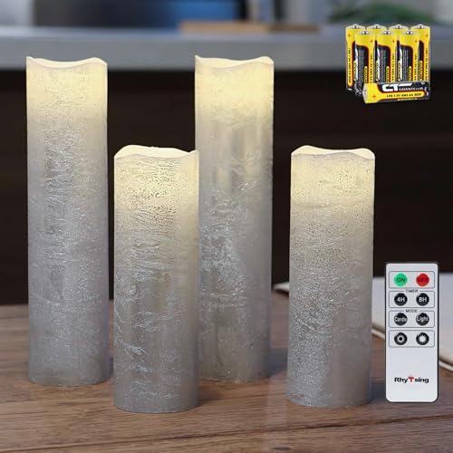 Rhytsing 4 flammenlose LED Wachskerzen Silber Rustik-Design mit Fernbedienung und Timerfunktion, inkl. Batterien - D 5 cm von Rhytsing
