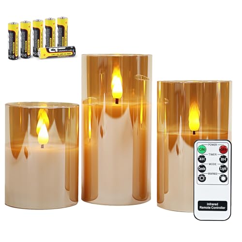 Rhytsing Gold flammenlose Kerzen im Glas, 3 Glaswindlichter mit Fernbedienung und Timerfunktion, warmweiße Licht mit Batterien enthalten von Rhytsing