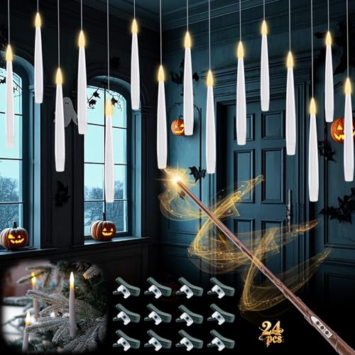 Rhytsing 24er schwebende LED Kerzen mit Zauberstab für Halloween Deko, LED Christbaumkerzen Kabellos mit Timer und 24 Klammern inklusive -H 15,5cm von Rhytsing
