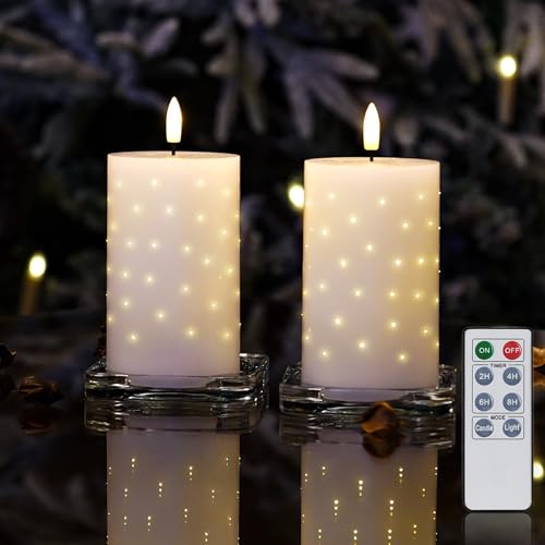 Rhytsing 2er Weiße LED-Wachskerzen mit funkelnden Glasfaserlichtern, flammenlose dekorative Kerzen mit Timer für Weihnachten und Advent,H 12,5 cm, Batterien und Fernbedienung inklusive von Rhytsing