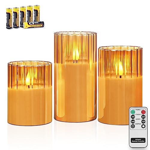 Rhytsing 3 Gold LED Kerzen im Glas mit Timerfunktion, Riffelglas Flammenlose Kerzen mit Fernbedienung und Batterien Enthalten, H 10/12,5/15cm von Rhytsing