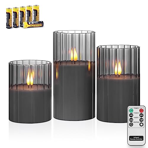 Rhytsing 3 Grau LED Kerzen im Glas mit Timerfunktion, Riffelglas Flammenlose Kerzen mit Fernbedienung und Batterien Enthalten, H 10/12,5/15cm von Rhytsing