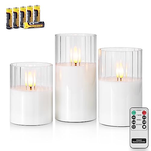 Rhytsing 3 Weiß LED Kerzen im Glas mit Timerfunktion, Riffelglas Flammenlose Kerzen mit Fernbedienung und Batterien Enthalten, H 10/12,5/15cm von Rhytsing