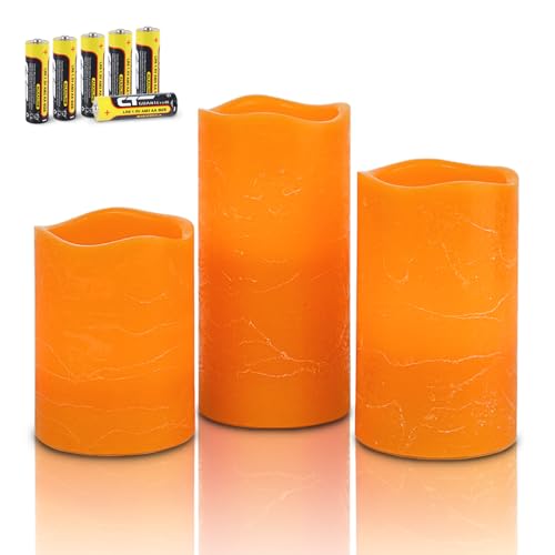 Rhytsing 3er LED Flammenlose Kerzen Orange Rustikales Design, Batteriebetriebene Wachskerzen Timer-Funktion für Herbst, Halloween und Thanksgiving, 6 AA Batterien enthalten - H 10/12,5/15 cm von Rhytsing