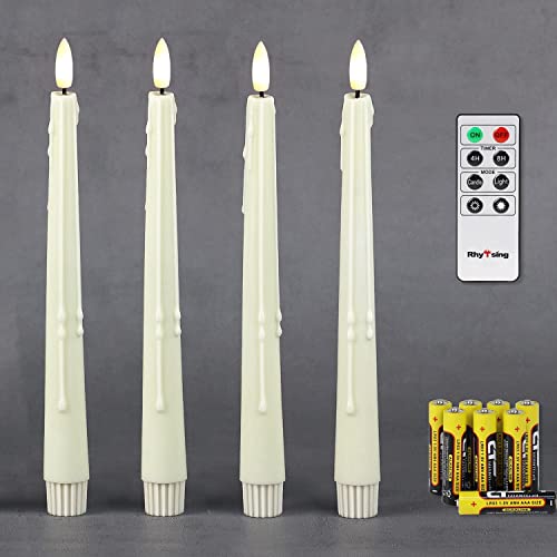 Rhytsing 4 flammenlose Led Stabkerzen mit Timerfunktion, Leuchterkerzen Tafelkerzen in Creme Weiß mit Wachstropfen-Optik, Fernbedienung und Batterien enthalten, Höhe 24,5 cm von Rhytsing