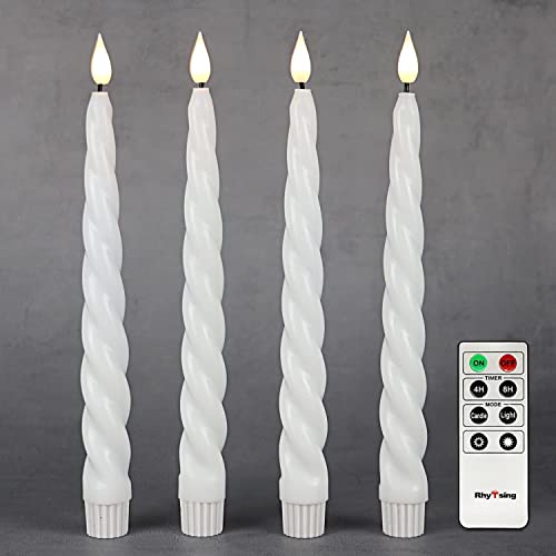 Rhytsing 4 flammenlose Stabkerzen Tafelkerzen Weiß Spiralkerzen gedrehte mit Timer Funktion, Leuchterkerzen mit warmweißes Licht, Fernbedienung und Batterien enthalten, Höhe 24,5 cm von Rhytsing