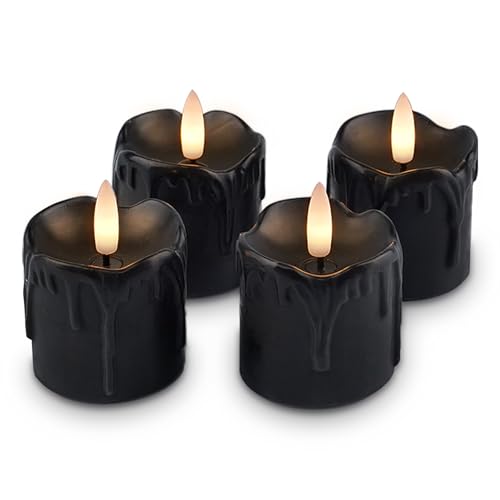 Rhytsing 4er Schwarze LED Kerzen mit Timerfunktion Für Halloween, Flammenlose Votivkerzen Echtes Wachstropfen-Optik, Batteriebetriebene Teelichter Für den Winter - D5cm von Rhytsing