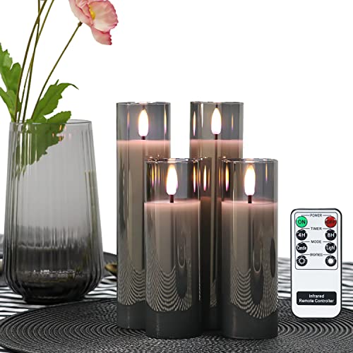 Rhytsing Batteriebetriebene LED-Kerzen aus grauem Glas, weiße schlanke flammenlose Kerzen mit Fernbedienung, warmweißes Licht, Batterien im Lieferumfang enthalten – 4 Stück - D 5cm von Rhytsing
