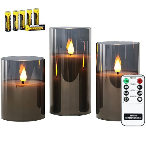 Rhytsing Grau flammenlose Kerzen im Glas, 3 Glaswindlichter mit Fernbedienung und Timerfunktion, warmweiße Licht mit Batterien enthalten von Rhytsing