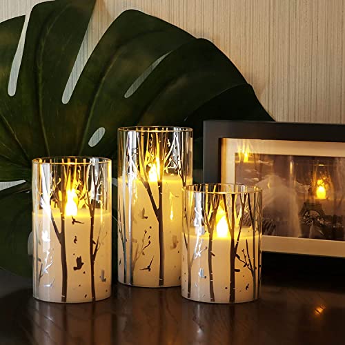 Rhytsing flammenlose Kerzen im Glas Birke Design, 3 Glaswindlichter mit 24 Stunden Timer, warmweiße Licht mit Batterien enthalten von Rhytsing