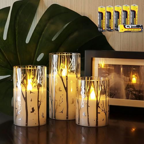 Rhytsing flammenlose Kerzen im Glas Birke Design, 3 Glaswindlichter mit 24 Stunden Timer, warmweiße Licht mit Batterien enthalten von Rhytsing