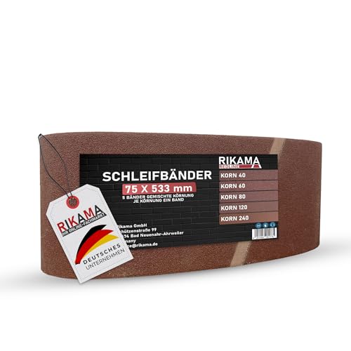 RIKAMA® - 5 Schleifbänder 75 x 533 mm im Mix | 1 Band je Körnung 40, 60, 80, 120 und 240 | Gewebe Schleifbänder für Bandschleifer | Für Hobby, Haus und Handwerk(5, 75x533 mm) von RiKaMa ONLINEVERSAND AUS EINER HAND