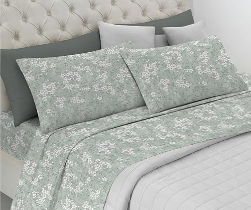 Riad Arredo Bettwäsche-Set aus 100 % weicher Baumwolle, Bettwäsche-Set mit Kissenbezügen, zarte Hand, hergestellt in Italien (Sakura, Grün, französisches Bett) von Riad Arredo