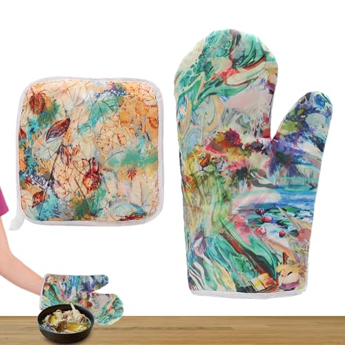 Riaisttd Ofenhandschuhe Und Topflappen Set,Hitzeresistente Grillhandschuhe Topflappen | Backhandschuhe Set Mit Halterung - Für Pfanne Teller Schüssel Mikrowelle Haushalt Café Hotel Bäckerei von Riaisttd