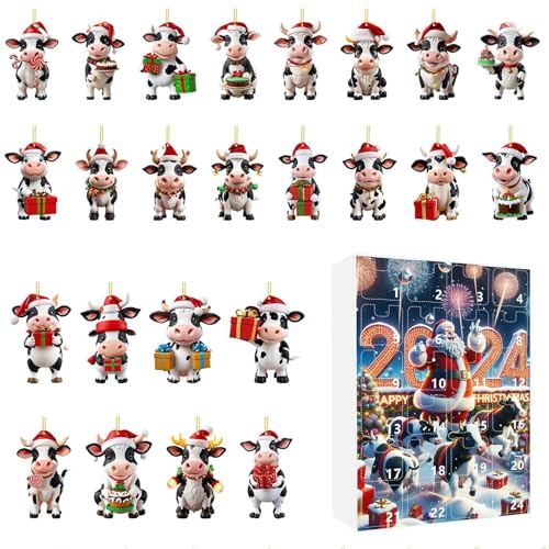 Riaisttd Weihnachtsornament Adventskalender,24 Türchen Hängbare Kuh Deko Countdown Kalender | 2D Acryl Wohnkultur Für Festtage Veranstalter Schulaktivitäten Familienzeit Kinder Pädagogen von Riaisttd