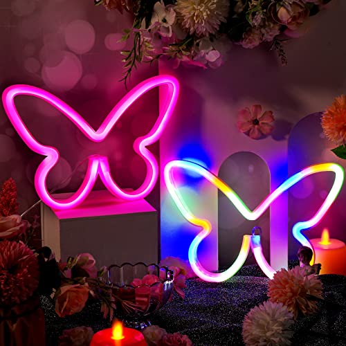 2 Stück Weihnachts-Schmetterlings-Neonschilder, Schmetterling-LED-Licht, 3-AA-Batteriebetrieben, USB-betriebene Wand-Neonlicht-Dekoration, Schmetterling, Outdoor (rosa, bunt) von Riakrum