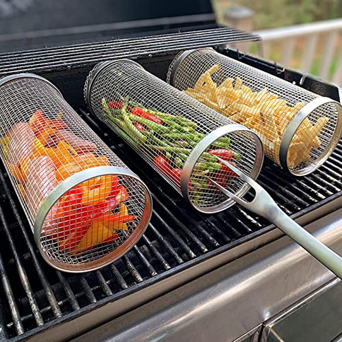 Rianpesn Rolling Grillkorb mit Gabel - Edelstahl Grill Korb Griff für Camping, Rack Außengrill Gemüse, BBQ Grillhalter Pommes, Fisch, Garnelen, Essentials, 3,54 * 3,54 * 7,87 Zoll von Rianpesn