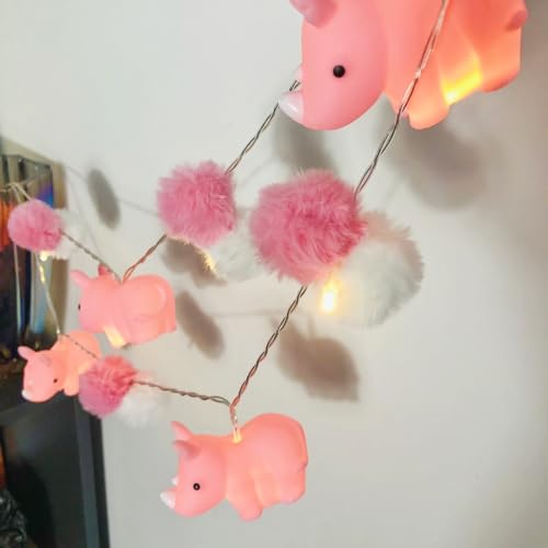 1,65 m 10 LEDs Nashorn Pompom Lichterkette, Batteriebetrieben Rhinozeros Lichterkette Rhino Nachtlicht für Vatertaggeschenk Weihnachts Kinderzimmer Dekoration (Rosa Nashorn) von Riaxuebiy