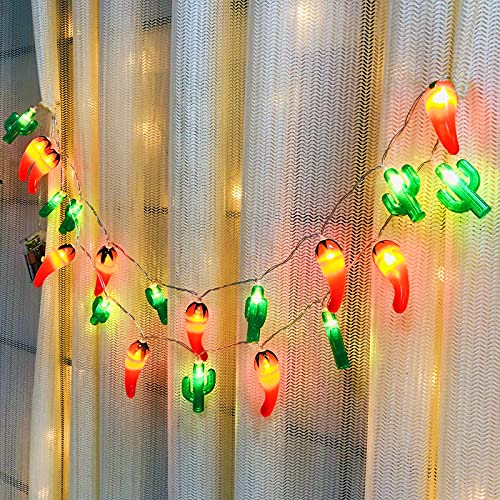 10 Fuß 20 LEDs Kaktus Chili Lichterkette Sommer Strand Thema Dekoration, Mexiko/Mittelmeer-Stil Haus Dekor Batteriebetrieben für Mädchen Jungen Schlafzimmer (Batteriebetrieben, Kaktus+Chili) von Riaxuebiy