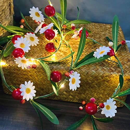 2M 20 LED Kirschfee Lichterketten Grüne Blätter Beeren Weiße Blume Pilz Hängepflanze Weinrebe Girlande für Hausgarten Hochzeit Party Dekoration (Kirsche+Weiß Blume, 2) von Riaxuebiy