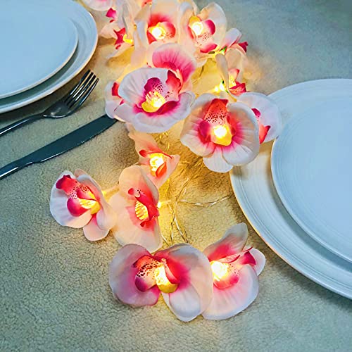 Künstliche Phalaenopsis Girlande 20 LED Lichterketten Weiß Blumengirlande Kunstblumen Seidenblumen Gefälschte Blumen Rose Girlande Hängend Rebe für Hochzeit Party Garten Dekor (Rosa Phalaenopsis, USB) von Riaxuebiy