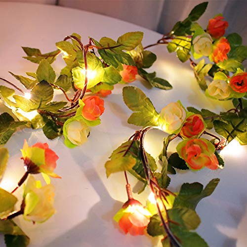 Riaxuebiy Künstliche Rose Blumen Lichterketten 20 LED Blumen Reben Girlande Fee Lampe Kranz Batterie Powered Angetrieben für Weihnachten Hochzeitsfeier Dekoration (Batterie, Sonnenuntergang rot) von Riaxuebiy