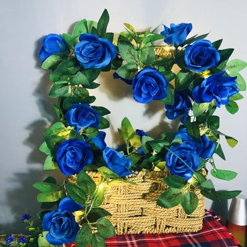 Künstliche Rose Licht,LED Lichterkette mit Blättern Rose,2M 20LED Blume Blatt Girlande Lichterkette Batteriebetrieben Rose Blume Girlande (Blau Rose, 1 Stück) von Riaxuebiy
