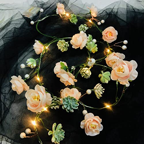 Künstliche Rosen Sukkulenten Girlande mit 2m20 LED-Lichterkette für Valentinstag Innen Dekoration(2m/20led, Sekt Rose) von Riaxuebiy