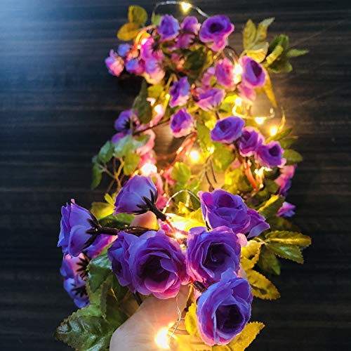 Riaxuebiy Künstliche Seide Rose Blumen Lichterketten 69 Blumen 2m 20 LED Reben Girlande Fee Lampe Kranz Batteriebetrieben Angetrieben für Weihnachten Hochzeitsfeier Dekoration (Lila, Batterie) von Riaxuebiy