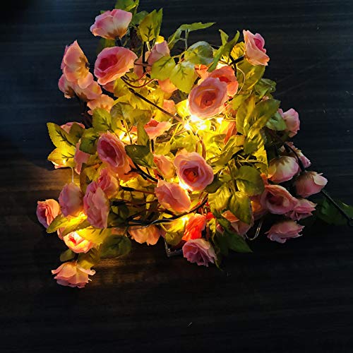 Künstliche Seide Rose Blumen Lichterketten 69 Blumen 2m 20 LED Reben Girlande Fee Lampe Kranz Batteriebetrieben Angetrieben für Weihnachten Hochzeitsfeier Dekoration (Rosa, Batterie) von Riaxuebiy