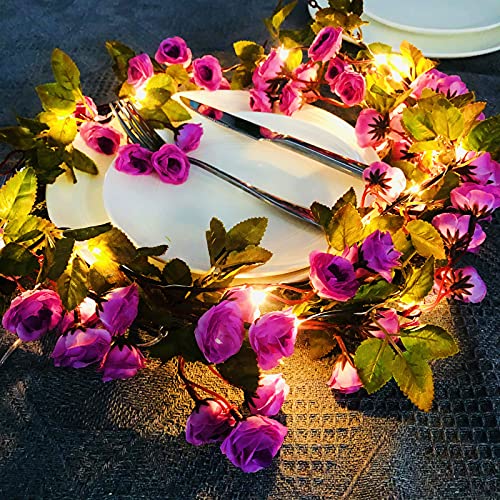 Riaxuebiy Künstliche Seide Rose Blumen Lichterketten 69 Blumen 2m 20 LED Reben Girlande Fee Lampe Kranz USB Angetrieben für Weihnachten Hochzeitsfeier Dekoration (Lila, USB) von Riaxuebiy