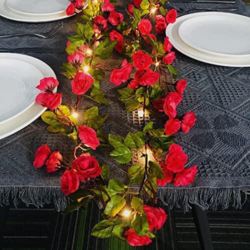 Riaxuebiy Künstliche Seide Rose Blumen Lichterketten 69 Blumen 2m 20 LED Reben Girlande Fee Lampe Kranz USB Angetrieben für Weihnachten Hochzeitsfeier Dekoration (Rot, USB) von Riaxuebiy