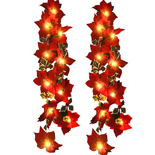 Riaxuebiy Künstliche Weihnachtsstern Lichtschnur 20LED Rote Beeren Ahornblatt Rebe Fee Girlande Licht Blumenpflanze Weinkranz Lampe Batterie Angetrieben(Rot Poinsettia-LED, 2 Sätze) von Riaxuebiy