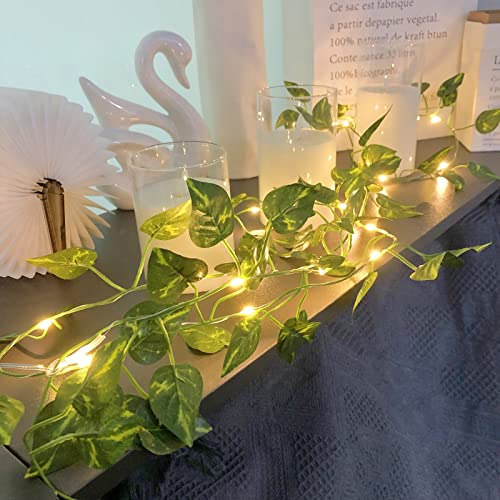 Künstlicher Epipremnum Golden hinterlässt LED-Lichterkette Hängende Rebe Girlande Efeu Kranz gefälschte Efeu Pflanze für Büro Party Garten Dekoration (10m/100 Lichter, Epipremnum Golden) von Riaxuebiy