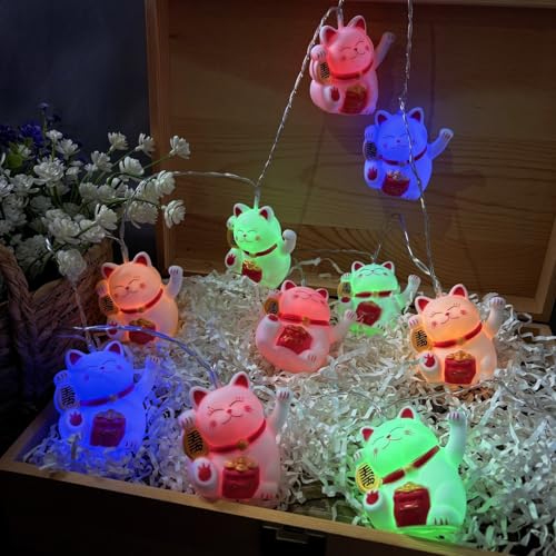 Mehrfarbige LED-Lichterkette mit 3D Malerei Glückskatze,Batteriebetriebene Lichterkette mit Winkenden Armen in Form Einer Chinesischen Katze Weihnachts Wohnheimzimmer Dekoration (1.65m/10led) von Riaxuebiy